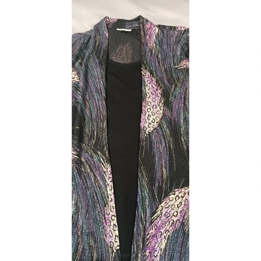 Womens Cardigan Built in L purple gold bold mob wife retro 80s feathers glitter